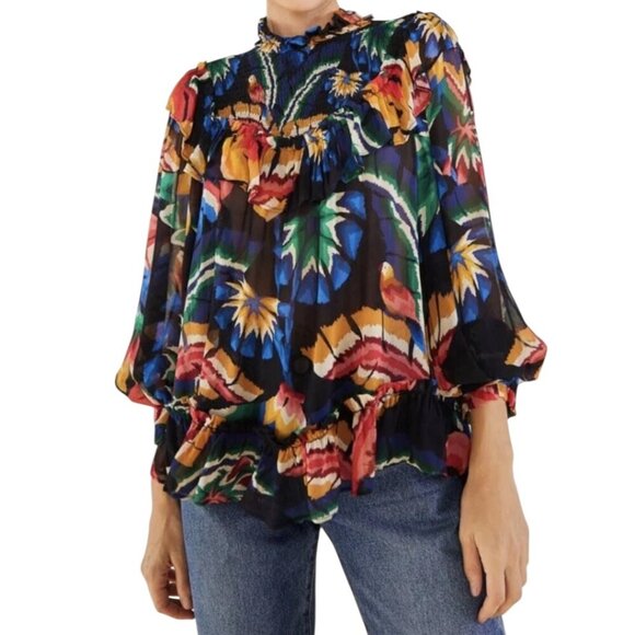 Farm Rio Chevron Forest Black Blouse Size Small Boho Festival Floral Statement - Picture 1 of 12